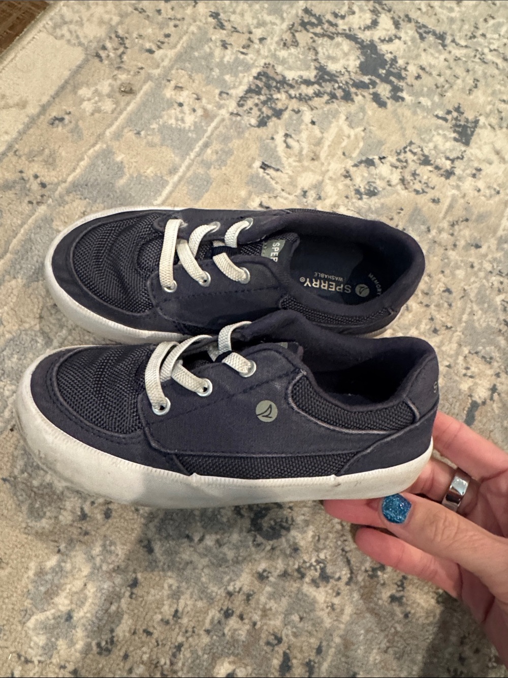 Sperry Kids Dark Navy Canvas elastic Lace-Up Sneakers with White Soles